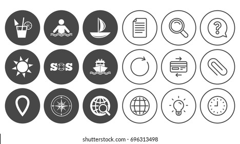 Cruise trip, ship and yacht icons. Travel, cocktail and sun signs. Sos, windrose compass and swimming symbols. Document, Globe and Clock line signs. Lamp, Magnifier and Paper clip icons. Vector