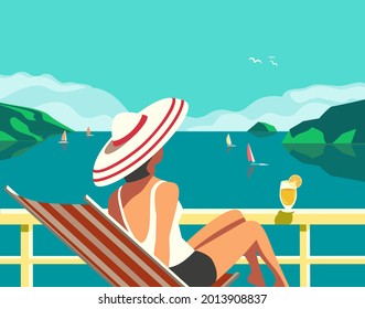 Cruise vacation concept flat color vector poster. Summer seaside landscape, ocean scenic view cartoon illustration. Holiday vacation season sea travel leisure. Tourist trip advertisement background