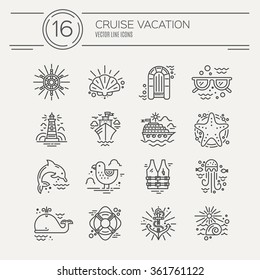 Cruise vacation icons made in trendy line style vector. Summer adventure emblem. Marine symbols. Nautical design elements isolated on background. Labels for maritime company or cruise ship.