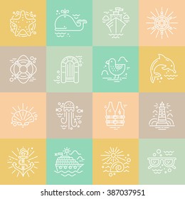 Cruise vacation icons made in trendy line style vector. Summer adventure emblem. Marine symbols. Nautical design elements isolated on background. Labels for maritime company or cruise ship.