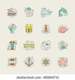 Cruise vacation icons made in trendy line style vector. Summer adventure emblem. Marine symbols. Nautical design elements isolated on background. Labels for maritime company or cruise ship.