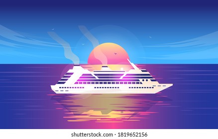 Cruise vacation - Cruise ship sailing in open water on sea with sunset in background. Travel, holiday, getting away and relax concept. Vector illustration.