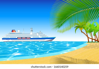 Cruise vacation travel. Tropical beach and summer ocean concept. Color vector illustration