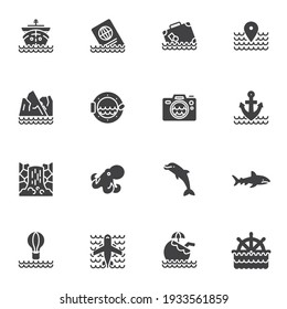 Juego de iconos vectoriales de vacaciones de crucero, colección moderna de símbolos sólidos de viajes de verano, paquete de pictogramas estilo relleno. Señales, ilustración del logotipo. El juego incluye iconos como barco de crucero, documento de viaje, equipaje