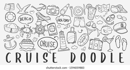 Cruise Vacations Doodle Line Art Illustration. Hand Drawn Vector Clip Art. Banner Set Logos.