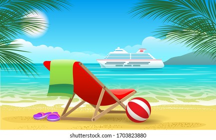 Barco de crucero y playa. Lujosos paisajes vacacionales de verano con un hermoso barco oceánico para el afiche de promo vectorial de viajes tropicales