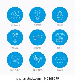 Cruise, waves and cocktail icons. Hotel, palm tree and surfboard linear signs. Airplane, deck chair and flippers flat line icons. Blue circle buttons set. Linear icons.