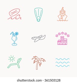 Cruise, waves and cocktail icons. Hotel, palm tree and surfboard linear signs. Airplane, deck chair and flippers flat line icons. Linear colored icons.