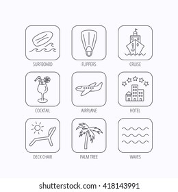 Cruise, waves and cocktail icons. Hotel, palm tree and surfboard linear signs. Airplane, deck chair and flippers flat line icons. Flat linear icons in squares on white background. Vector
