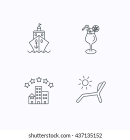 Cruise, waves and cocktail icons. Hotel, deck chair linear signs. Flat linear icons on white background. Vector