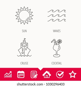 Cruise, waves and cocktail icons. Sun linear sign. Edit document, Calendar and Graph chart signs. Star, Check and House web icons. Vector