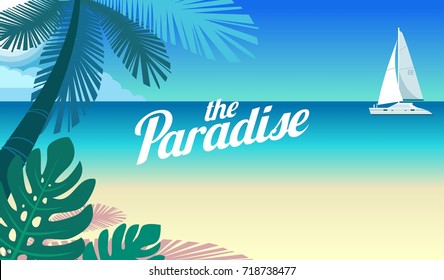 Cruise yacht and a Paradise in the ocean beach with palm trees and white Sands Sea resort Paradise island. Turquoise water ocean, banner, poster vector illustration