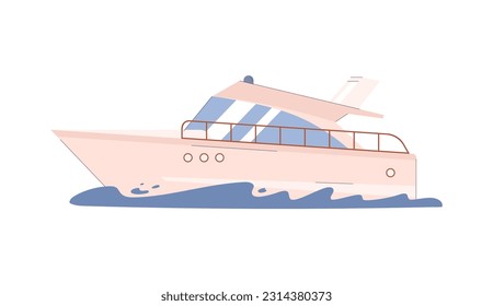 Cruise yacht or pleasure boat, beautiful luxurious vacation sea vessel, flat cartoon vector illustration isolated on white background. Luxurious vacation and travel boat.