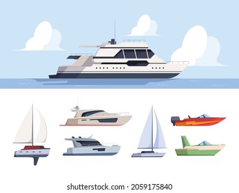 Cruise yacht. Sea travel luxury ship for exploring ocean boat side garish vector illustrations in flat style