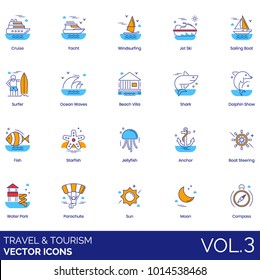 Cruise, yacht, windsurfing, jet ski, sailing, surfer, ocean waves, beach villa, shark, dolphin, fish, starfish, jellyfish, anchor, steering, water park, parachute, sun, moon, compass. Travel icons.