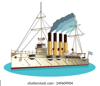 Cruiser Aurora vector drawing on a white background. Ship of revolution in Russia. Warship Vector. Sea And Ship Vector. Illustration Of The Ship. Old Ship Vector.