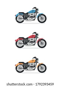 Cruiser Motorcycle Icon Vector Logo Template. Side view, profile. Flat cartoon style