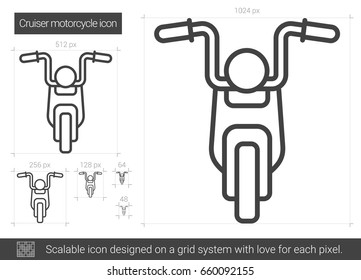 Cruiser motorcycle vector line icon isolated on white background. Cruiser motorcycle line icon for infographic, website or app. Scalable icon designed on a grid system.