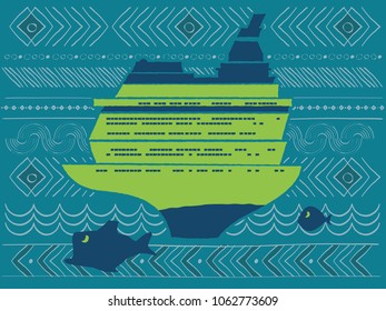 Cruiser ship sailing through the sea on abstract blue pattern backgroud with different marine motifs, waves and fish