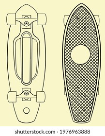 Cruiser Skateboard. Skating. Sport. Chill vibes. Active and cool lifestyle. Childhood. Hand drawn illustration. Digital art. Transparent icon, isolated on pale yellow background. Vector EPS10. 