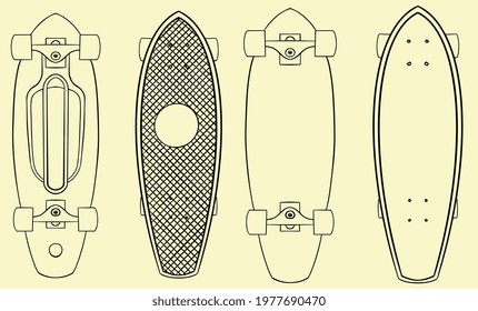 Cruiser Skateboard. Skating. Sport. Chill vibes. Active and cool lifestyle. Childhood. Hand drawn illustration. Digital art. Transparent icon, isolated on pale yellow background. Vector EPS10. 