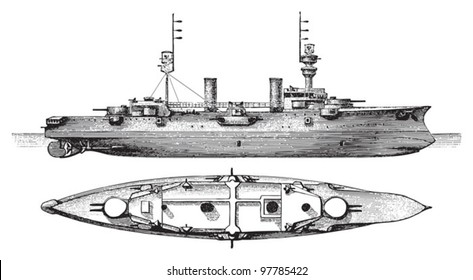 Cruiser SMS Furst Bismarck (Germany) / vintage illustration from Meyers Konversations-Lexikon 1897