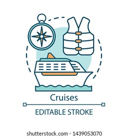 Cruises concept icon. Voyage idea thin line illustration. Ship on the ocean. Swim vest and compass. Cruise liner, summer vacation. Water transport. Vector isolated outline drawing. Editable stroke