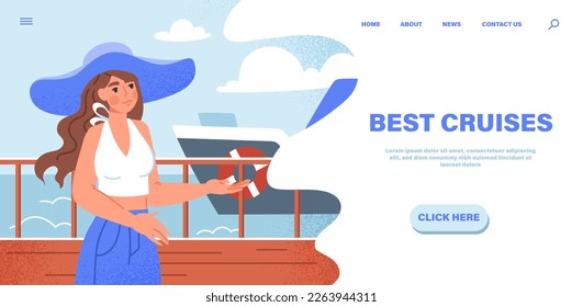 Kreuzfahrten und Wassertouren. Frauen im Badeanzug und blauer Hut an Bord von Schiffen. Sommerferien und Ferien. Landing Page Design, Werbung. Urlaub, Reisen Freizeit. Cartoon-Flavektor-Vektorgrafik