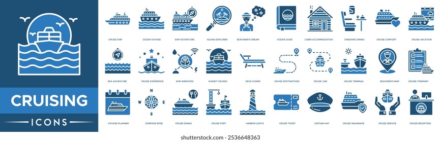 Cruising icon. Cruise Ship, Ocean Voyage, Ship Adventure, Island Explorer and Seafarer's Dream