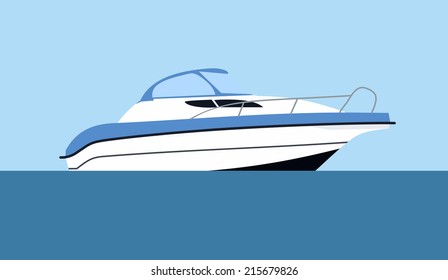 Cruising motor yacht on blue background