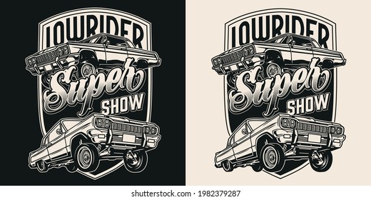 Cruising super show vintage monochrome logo with american lowrider cars isolated vector illustration svg