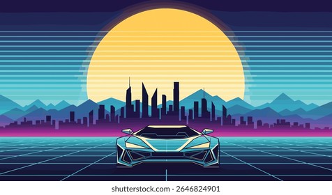 Cruising Through a Pixelated Retro Cityscape Under a Vibrant Sunset with an Awesome Sports Car