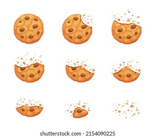 Crumble biscuit cookie animated sprite. Vector crunchy dessert with chocolate pieces whole and bitten disappear animation. Isolated homemade bakery dessert piecess for cartoon game