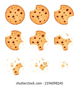 Crumble Biscuit Cookie Animated Sprite. Vector Crunchy Dessert With Chocolate Pieces And Crumbs. 2d Cookie For Cartoon Game, Whole And Bitten Dessert Disappear Animation. Isolated Homemade Bakery