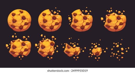 Crumble Keks Cookie animierte Sprite. Cartoon Vektor knusprige Dessert mit Schokolade Chips ganz und gebissen verschwinden Animation. Einzeln hausgemachte Backwaren, 2d Gui Elemente Sequenzrahmen