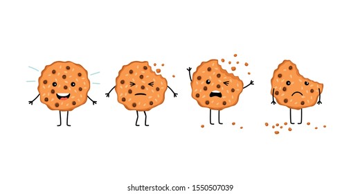 Crumble cookie snack. Cartoon smile biscuit and chcolate cookies mascot with eyes and bite, crunchy pastries with crumbs character isolated on white background