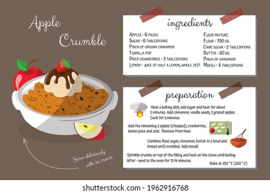 Crumble pie apple with ice cream. Step-by-step instructions for making apple pie. Cookbook, home cooking. cooking is easy. flat design