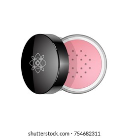 Crumbled face cosmetic makeup powder blush in the black round plastic case. Vector illustration isolated on white background. Top view.