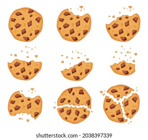 Crumbled oatmeal cookies with chocolate chips, bitten biscuit. Cartoon broken cookie pieces, sweet crisp biscuits with crumbs vector set. Choco homemade cracker snacks or treat for dessert