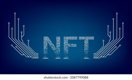 Crumbled text NFT non fungible token with wings from PCB tracks and copy space on blue background. Website header or banner. Vector illustration.