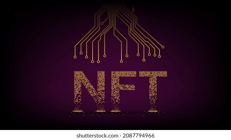 Crumbled text NTF non fungible token from falling golden cubes and PCB tracks on top. Fragmented text from yellow blocks. Website header or banner.