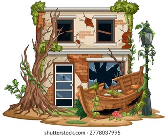 Crumbling brick building, shattered windows, overgrown plants, and broken boat in detailed vector style
