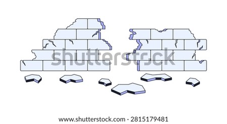 Crumbling brick wall 2D cartoon clip art. Structural damage. Cracked masonry with scattered debris. Deteriorating concrete blocks isolated flat vector element on white background. Spot illustration