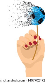 Crumbling dandelion in the form of the Earth in the hand of a woman . Vector