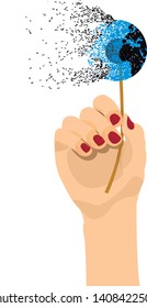 Crumbling dandelion in the form of the Earth in the hand of a woman . Vector