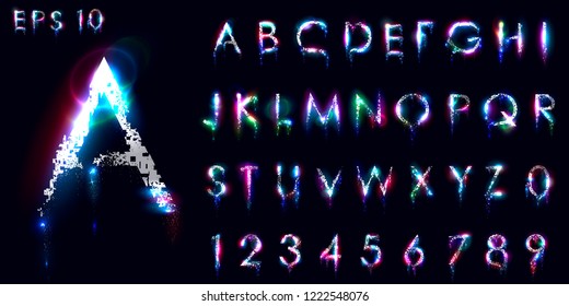 Crumbling and luminous font, English letters and numbers, Distorted symbols, Neon glow. Lens flares. Vector, EPS 10