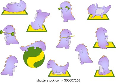 Crummy bellied dragon doing exercises: sit-ups, pull-ups, push-ups, press, meditation and yoga. healthy lifestyle for children. Vector illustration