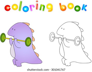 Crummy bellied dragon doing exercises: lifting weights. Coloring book about healthy lifestyle for children. Vector illustration