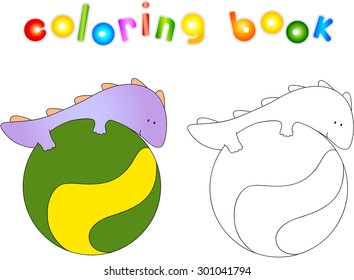 Crummy bellied dragon doing exercises on the fitness ball. Coloring book about healthy lifestyle for children. Vector illustration