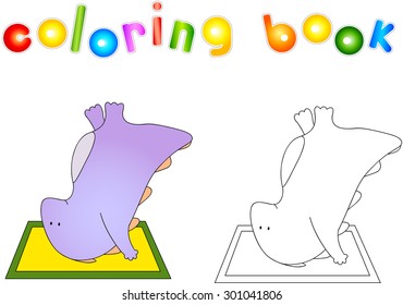 Crummy bellied dragon doing exercises upside down on the mat. Coloring book about healthy lifestyle for children. Vector illustration